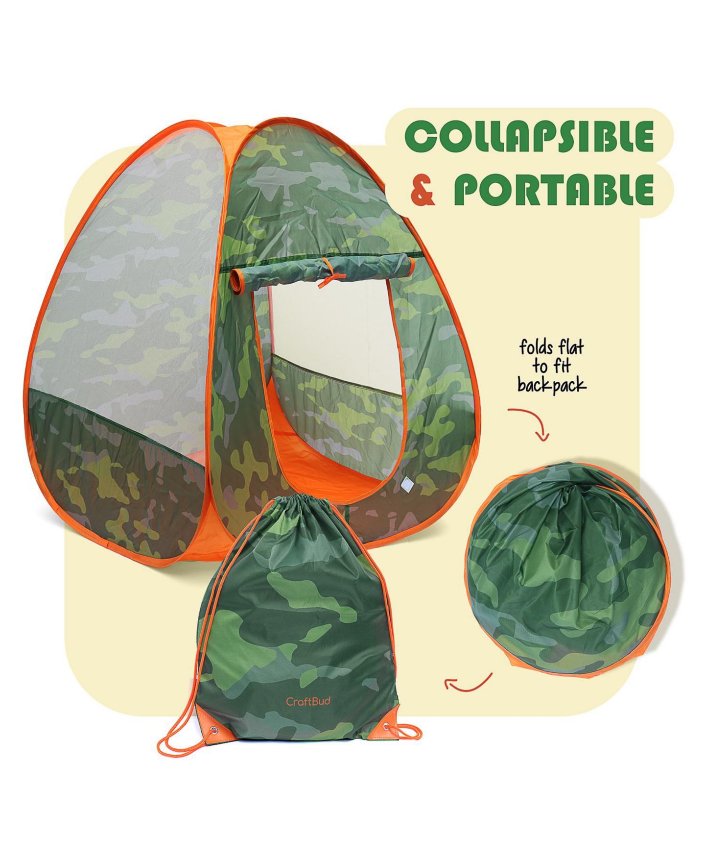 Детские игрушки Clara Clark Camping Pop-Up Tent Light-Up 17-Piece Play Set, Ages 3+, цвет: Зелёный / Оранжевый — фото 8