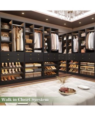 28'' Freestanding Closet Storage System with 2 Drawers, Closet Tower with Hanging Rod, Shelves & Adjustable Shoe Racks