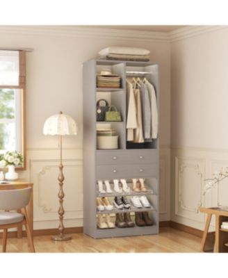 28'' Freestanding Closet Storage System with 2 Drawers, Closet Tower with Hanging Rod, Shelves & Adjustable Shoe Racks