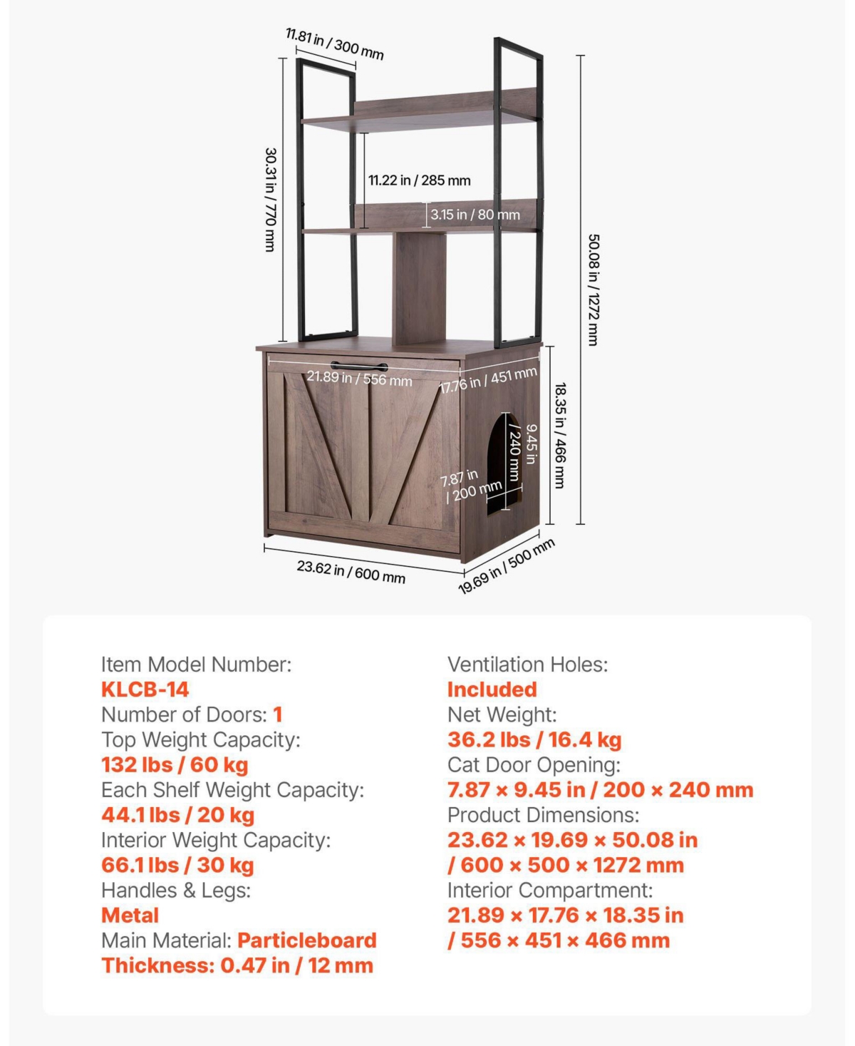 Wooden Litter Box Enclosure with 2-Tier Shelves & Metal Legs, 27.6"