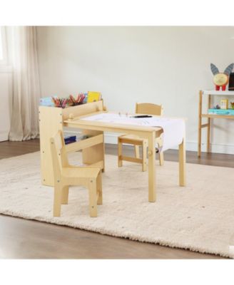 Kids Art Table with 2 Chairs Wood Activity Table with Cabinet for Craft and Learning