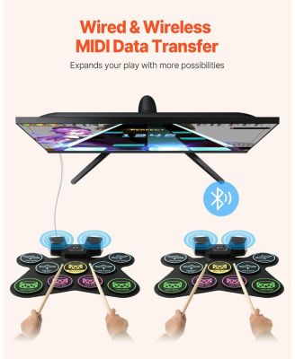 Roll-Up Electric Drum Set 9 Pads with Stand Pedals Light-Up Sticks