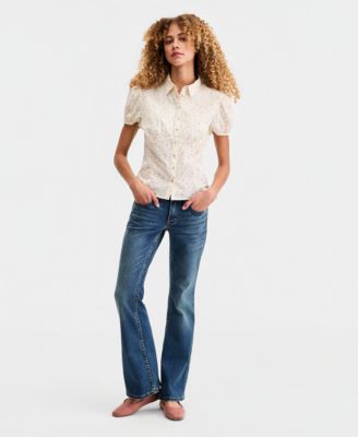 Brand Juniors' Cotton Puff-Sleeve Shirt & Low-Rise Flared Jeans