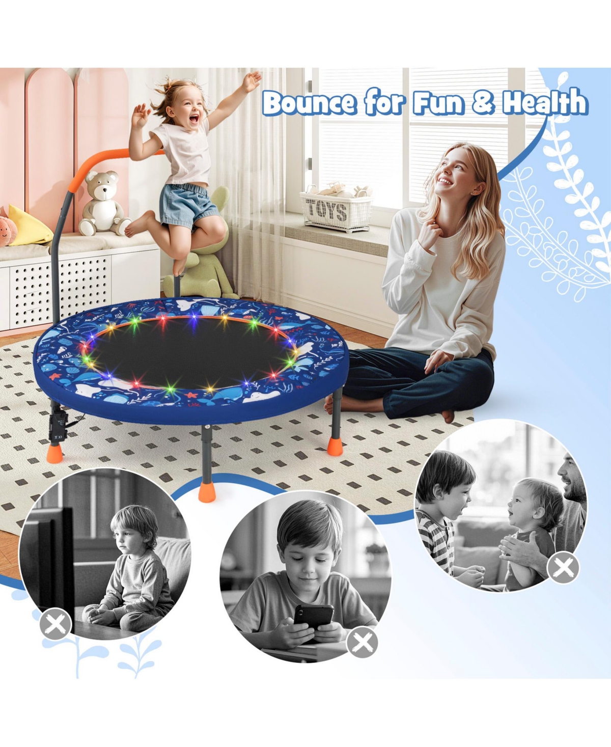 Sugift Mini Trampoline Folding Small Rebounder for Kids with Lights