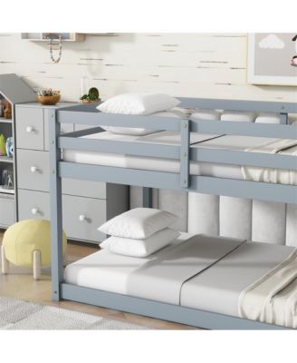 Bunk Bed with Ladder Solid Rubber Wood Floor Bunk Bed with Storage & Guardrails