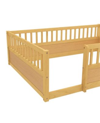 Montessori Wooden Floor Bed with Safety Fence Kids Low Profile Play Bed Frame for Bedroom & Playroom