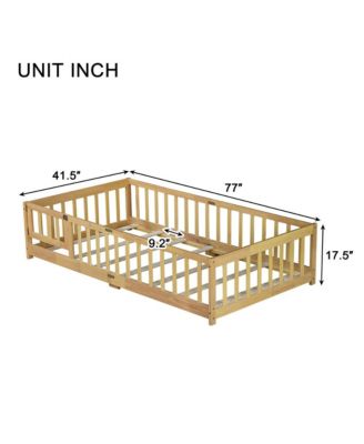 Twin Size Floor Bed with Safety Fence & Door Rubber Wood Kids Bed for Compact Rooms