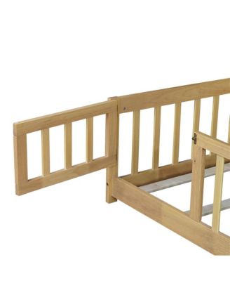 Twin Size Floor Bed with Safety Fence & Door Rubber Wood Kids Bed for Compact Rooms
