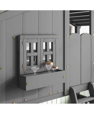 Twin over Twin House Bunk Bed with Roof Window Door & Safety Guardrails Playful Wooden Loft Bed for Kids