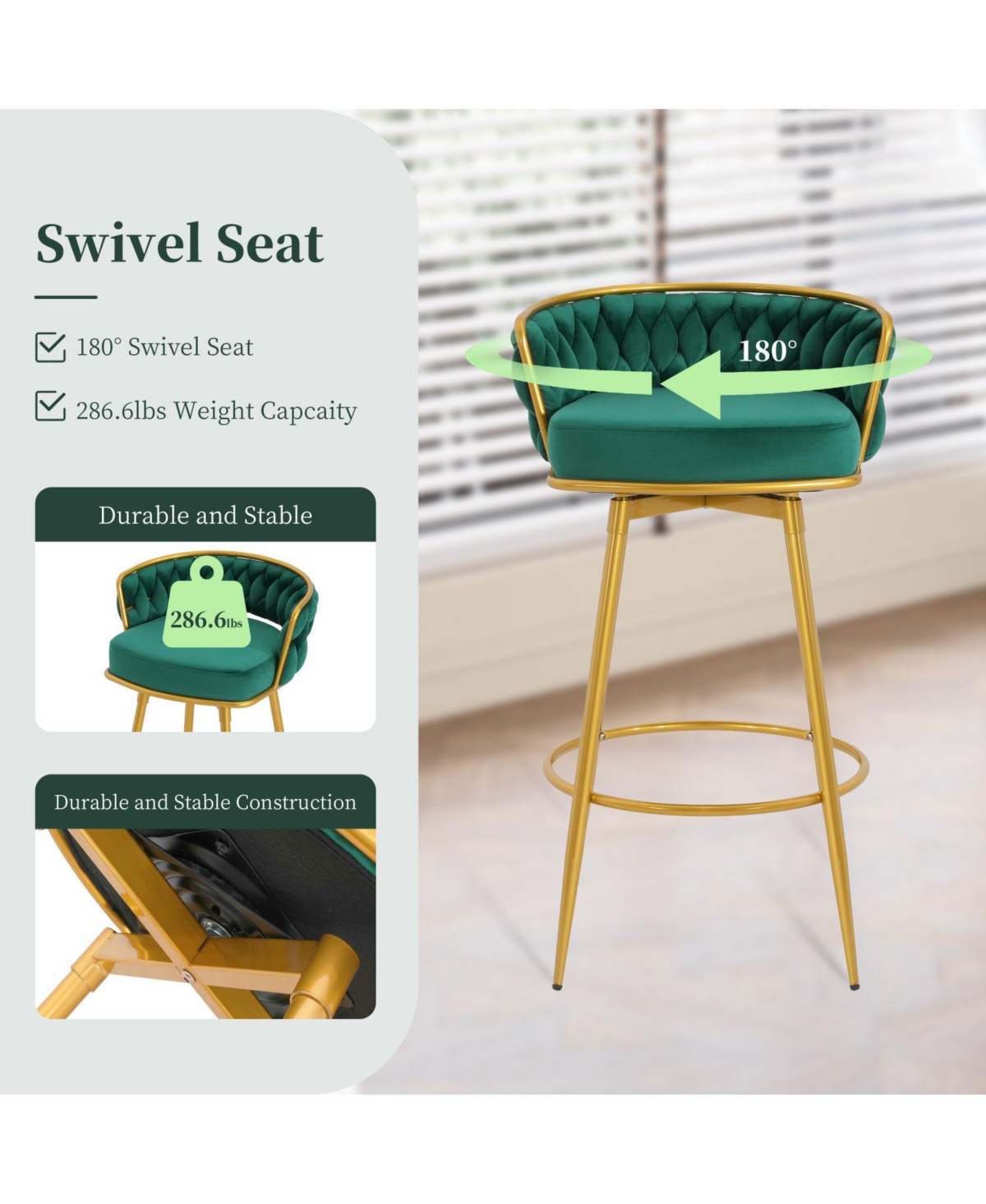 Streamdale Green Swivel Counter Height Bar Stools (Set of 2) with Hand-Woven Backrest & Gold Legs