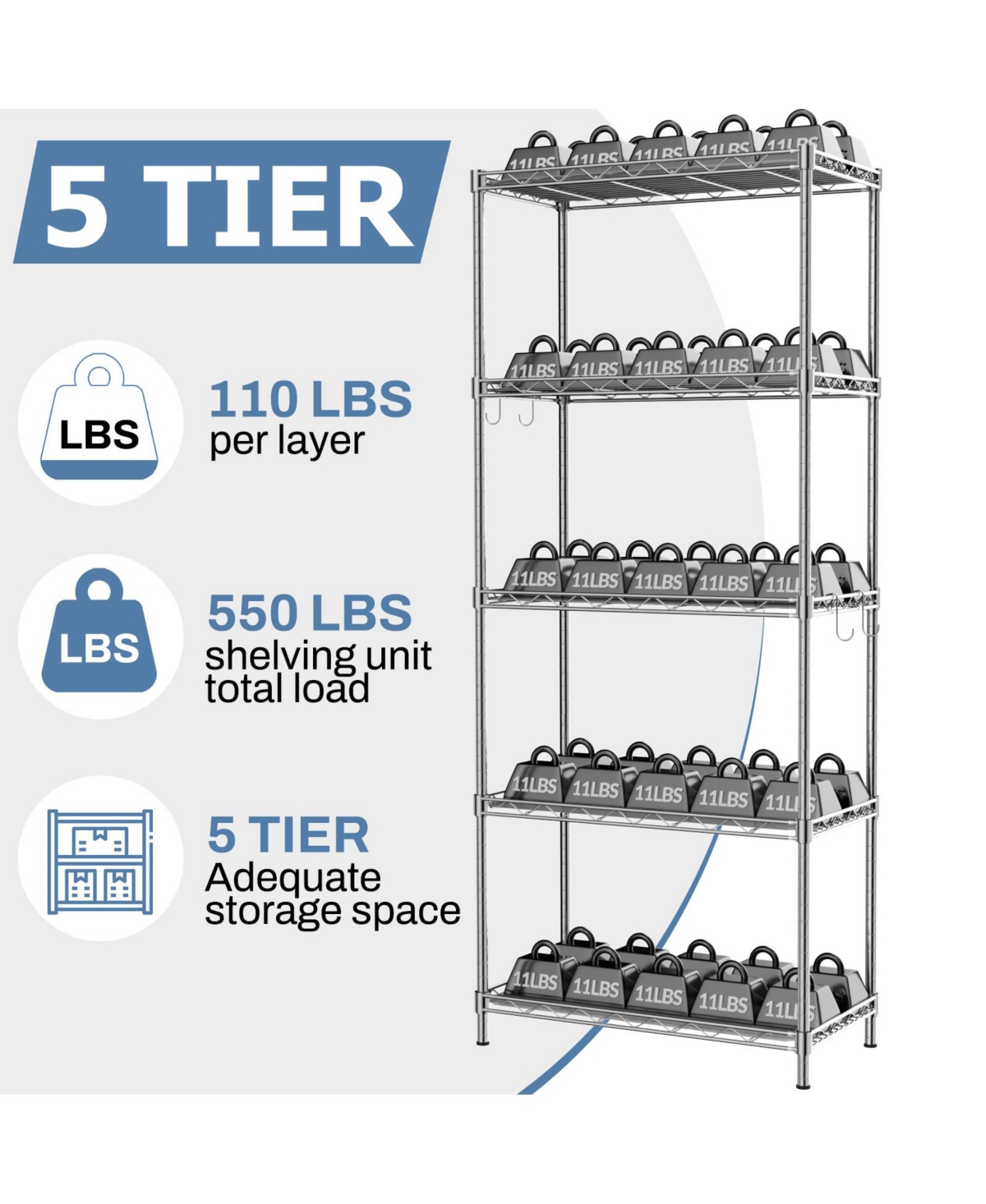 Lovmor 5-Tier 21 in W x 59 in H x 12 in D Adjustable Wire Shelving Unit