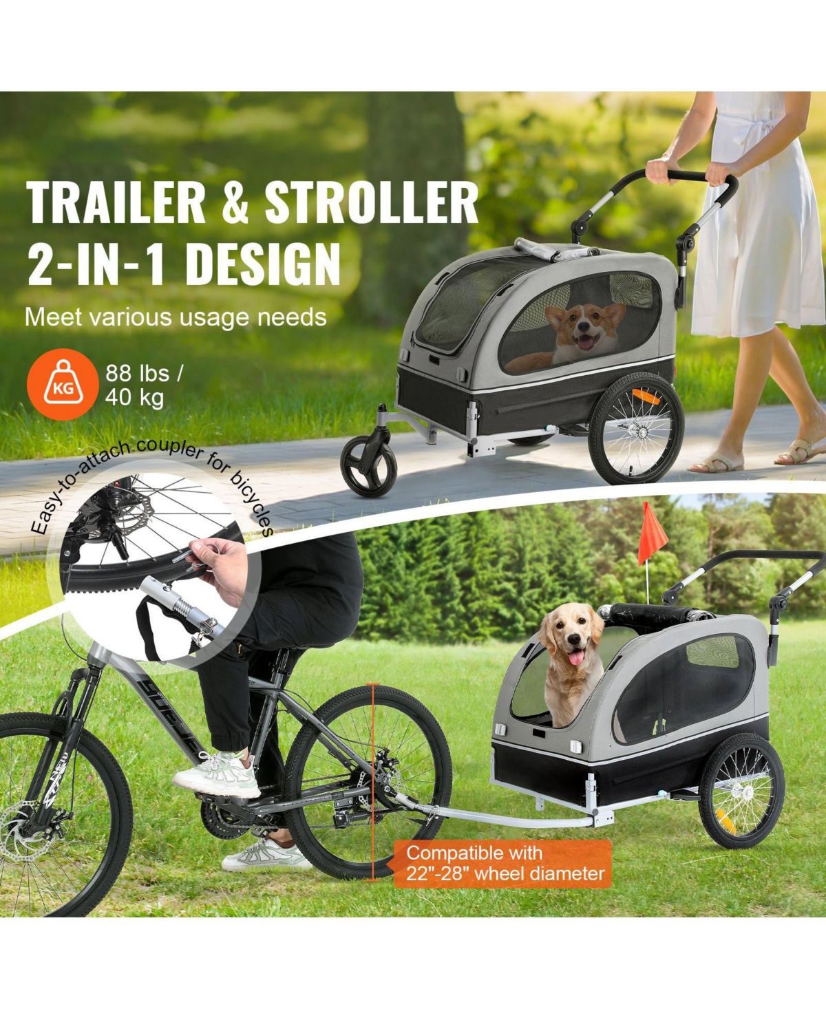 Cozito 2-in-1 Foldable Dog Bike Trailer & Stroller, Holds up to 88 lbs., Black & Gray