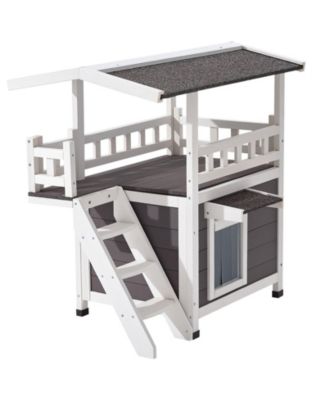 30" 2-Story Wooden Outdoor Cat House with Balcony & Stairs