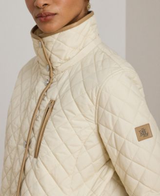 Womens Hooded Quilted Faux-Suede-Trim Coat