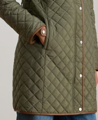 Womens Hooded Quilted Faux-Suede-Trim Coat