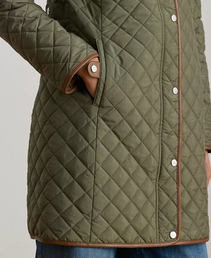 Womens Hooded Quilted Faux-Suede-Trim Coat - thumbnail 4