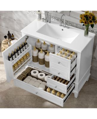 36 in. Freestanding Bathroom Vanity Cabinet with Ceramic Sink, MDF and Solid Wood Base, 3 Drawers and Shelves, 4 in. Faucet Holes