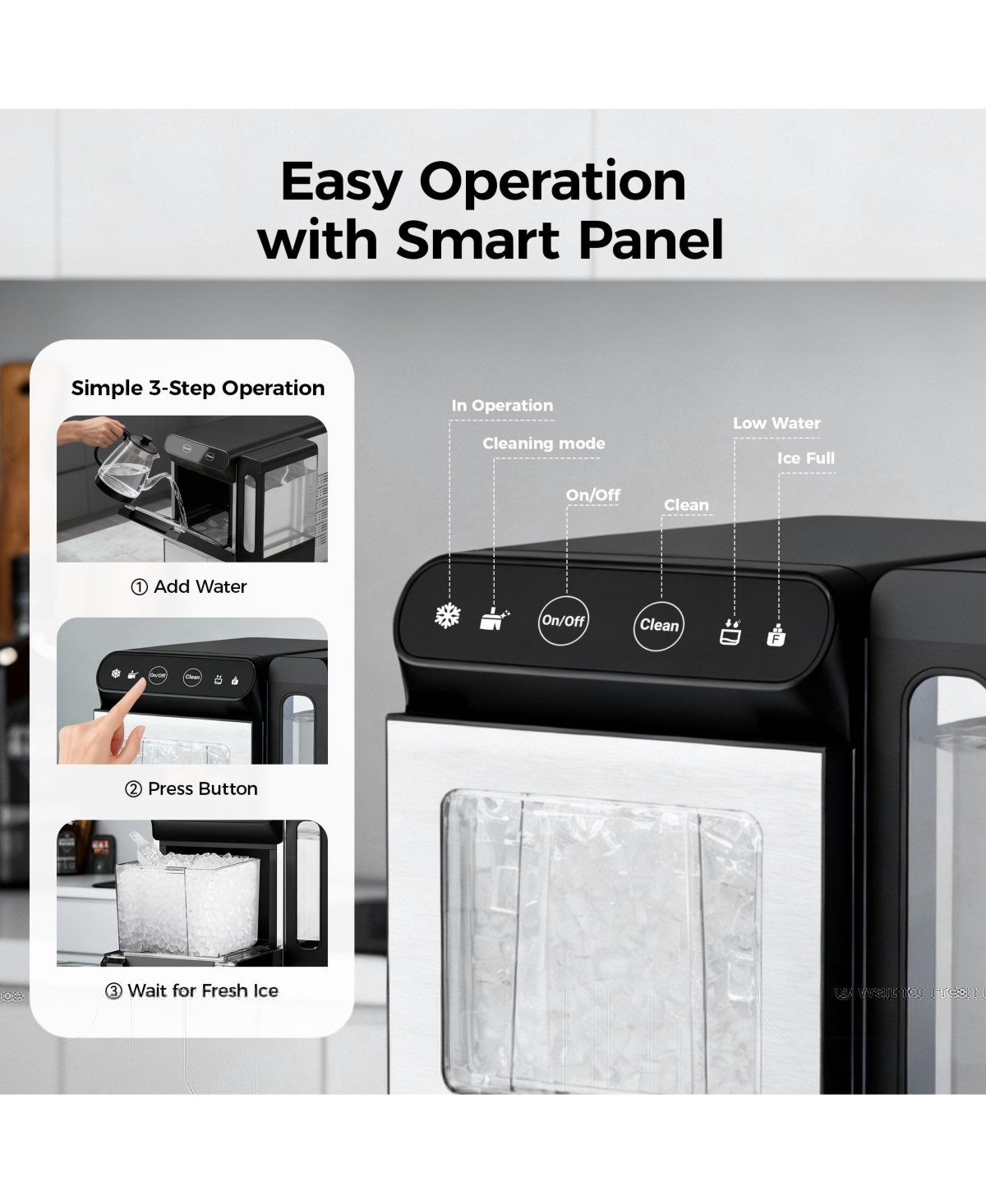 Euhomy 26.5lbs/24H Countertop Nugget ice Maker in Black Stainless Steel with Visual Door and 3.3lbs Ice Basket