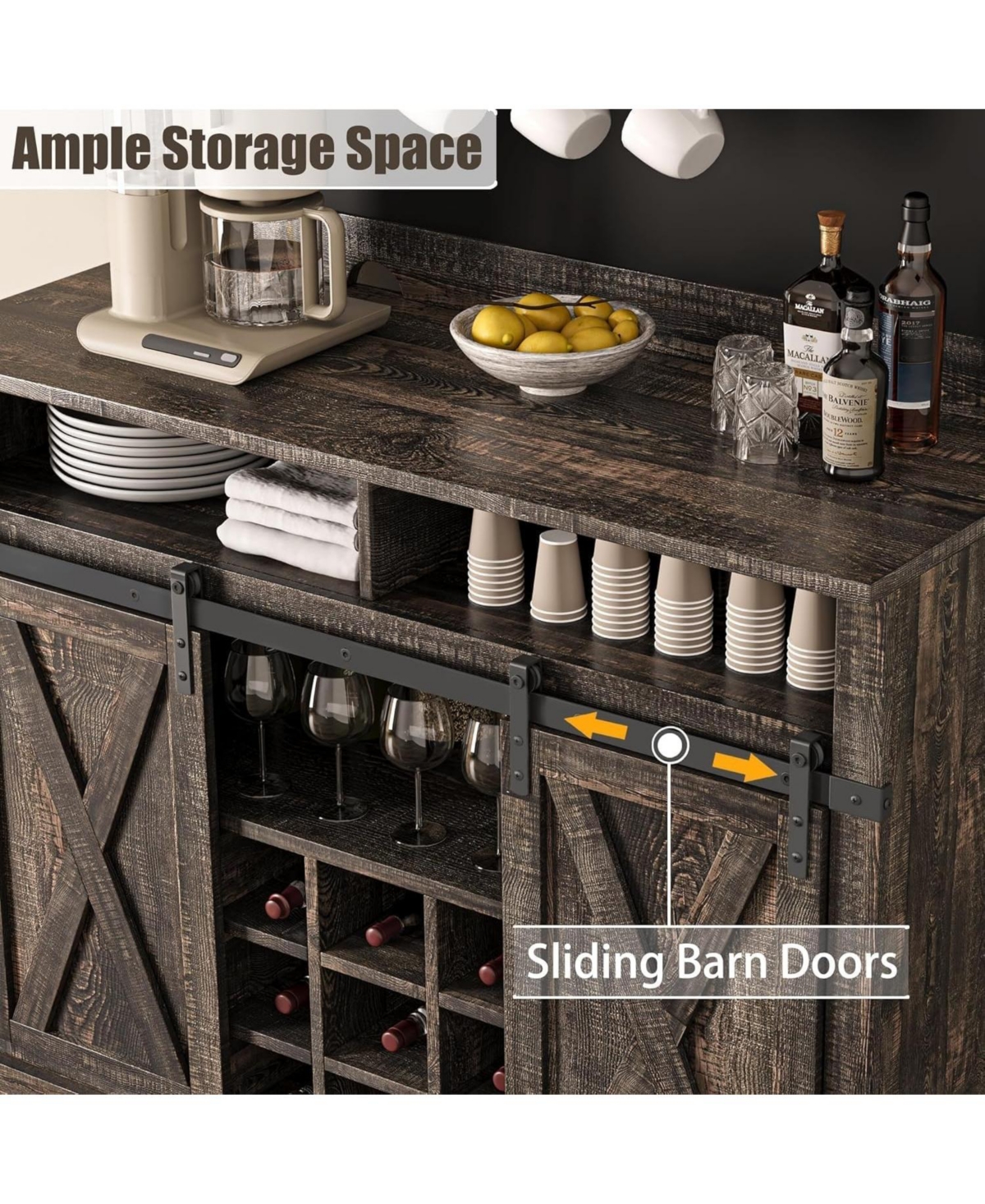 gaomon 75 Inch Farmhouse Coffee Bar Cabinet with Sliding Barn Doors, Storage Buffet Sideboard Adjustable Shelves
