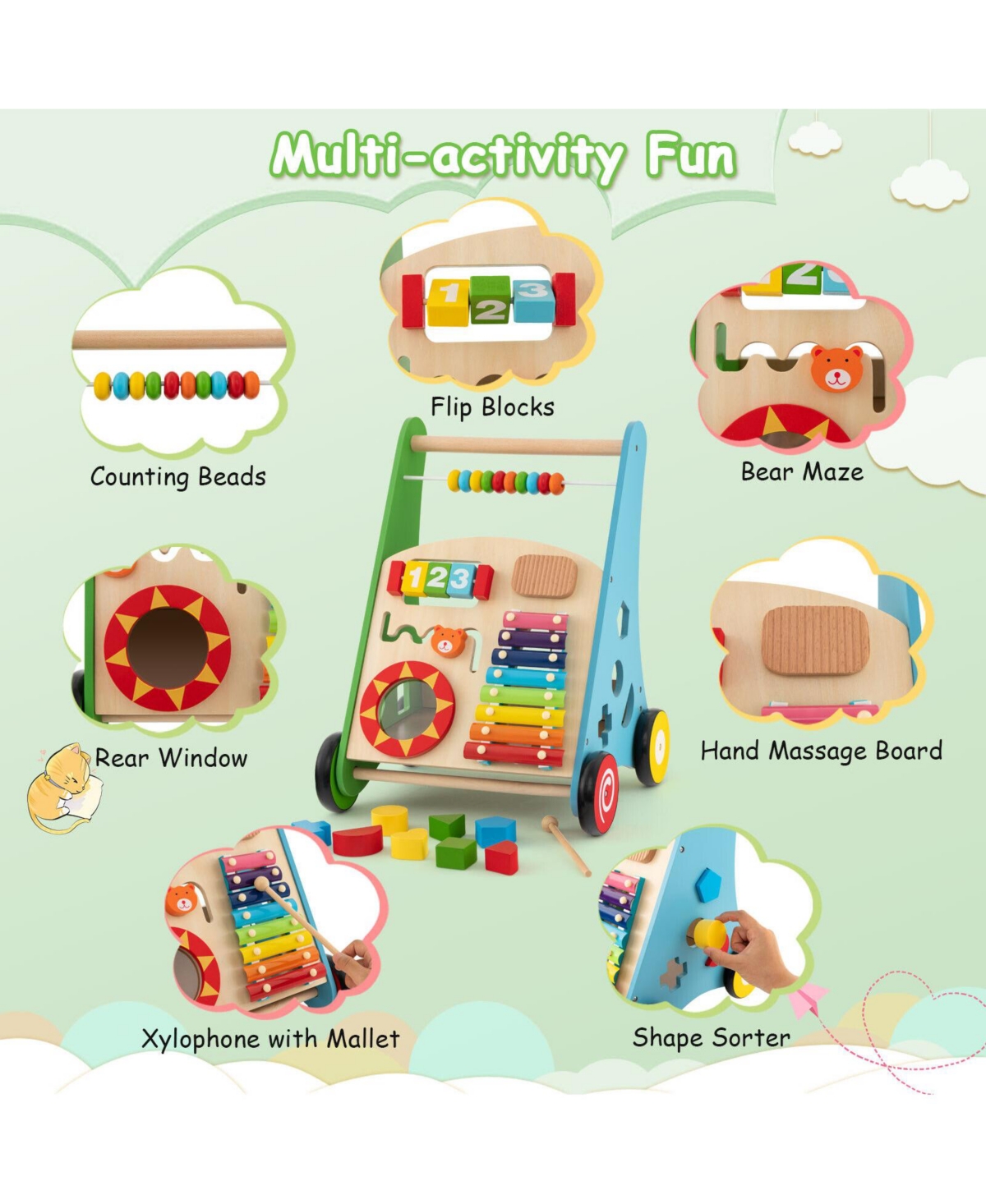 Sugift Toddler Push Walker Activity Center Toy with Burr-free Handle