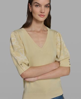 Petite Floral Print V-Neck Sweater