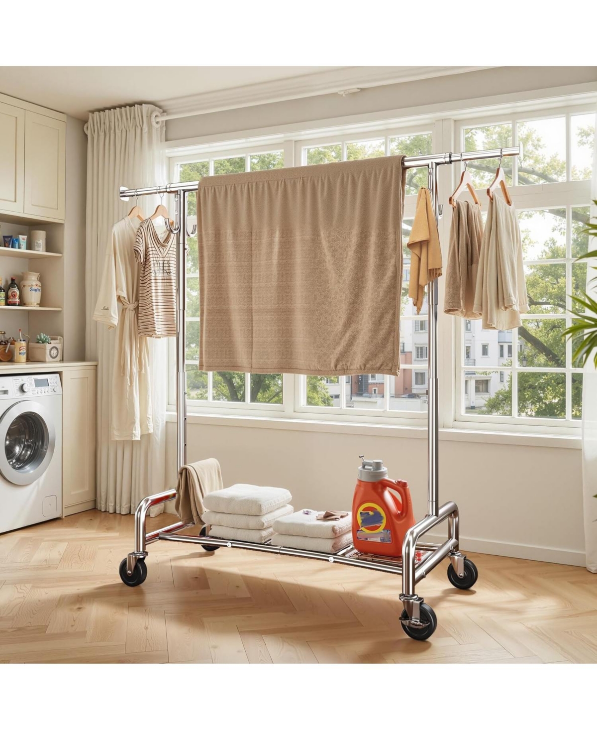 Raybee 75" W Heavy Duty Clothes Rack Load 450 Lbs, Metal Garment Storage with Shelf, Lockable Wheels & Anti-Slip Stoppers, Rolling Clothing Rack