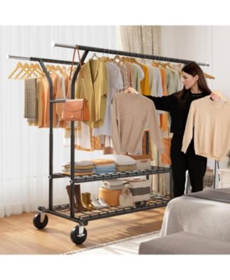 74" W Heavy Duty Clothes Rack, Double Rods Clothing Rack Load 630 LBS, Rolling Clothes Racks，Garment Rack with shelves