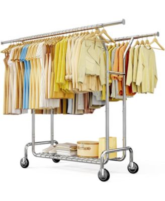 Double Rods Rolling Clothing Rack with 360° Lockable Wheels, Easy Assembly, Portable Adjustable Garment Rack with Shelves