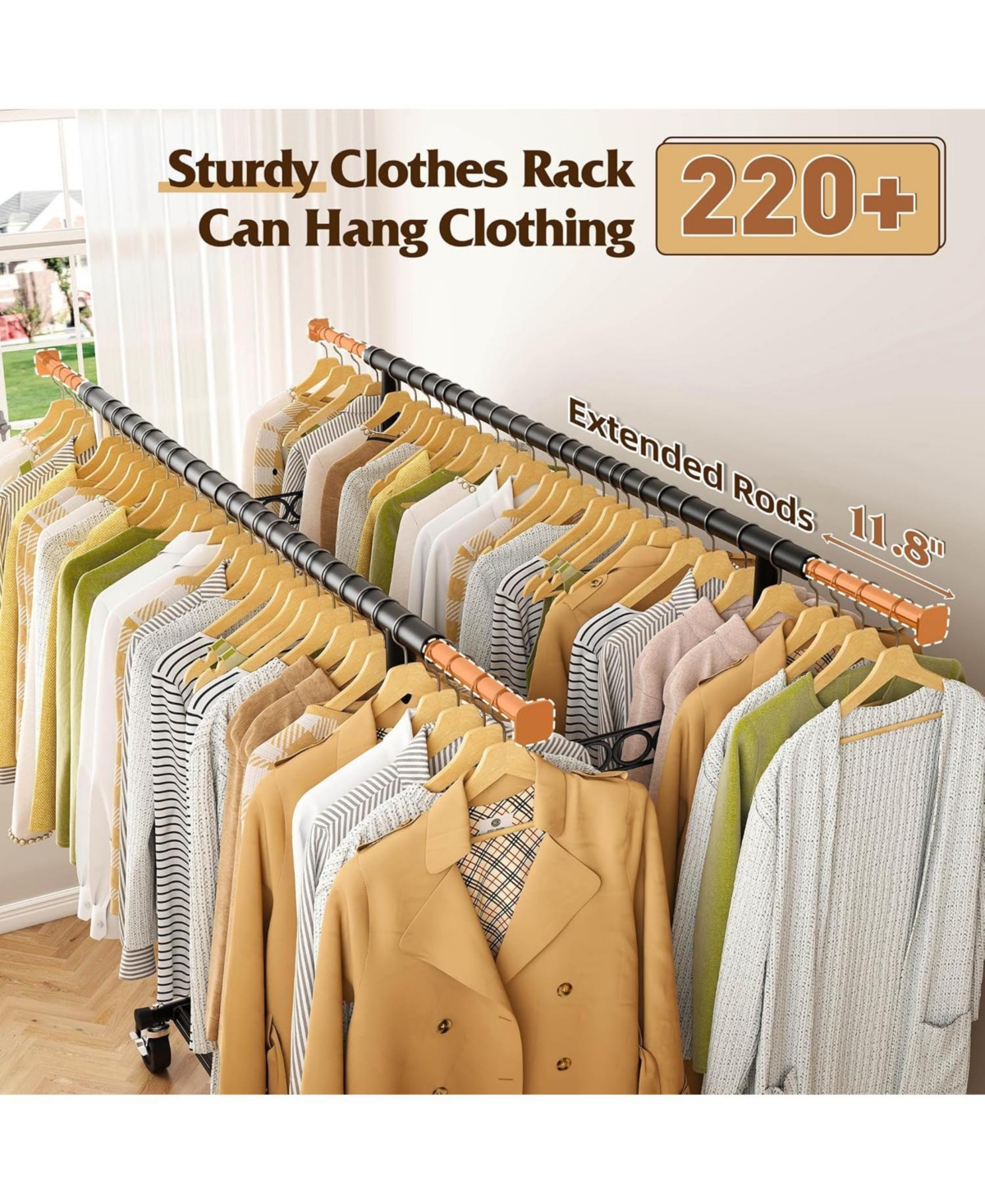 Raybee Heavy Duty Clothes Rack, Rolling Clothing Racks for Hanging Clothes with Wheels, Adjustable & Commercial Garment Rack