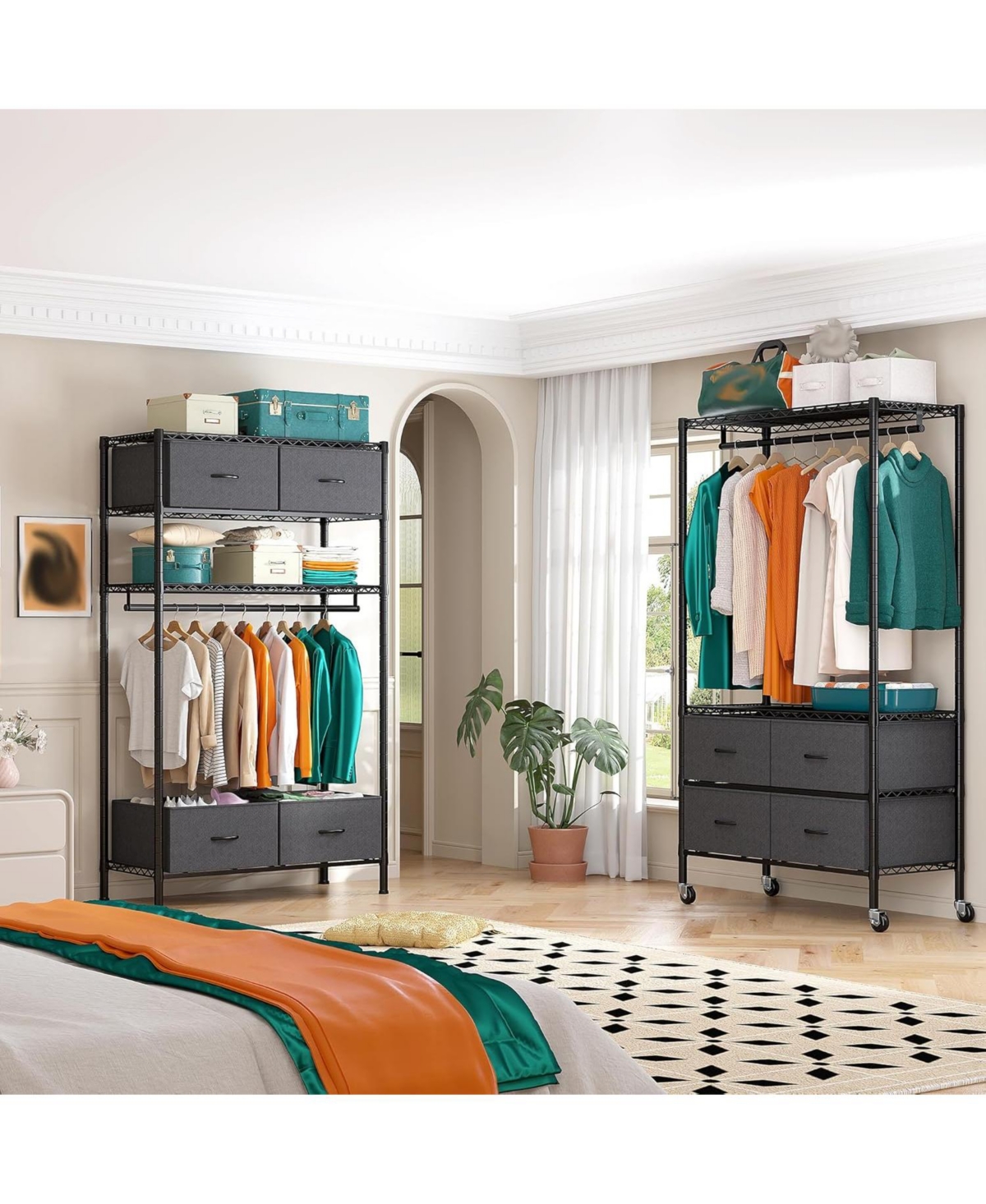 Raybee Rolling Clothes Rack for Hanging Clothes, Clothing Rack with 4 Fabric Drawers and Wheels