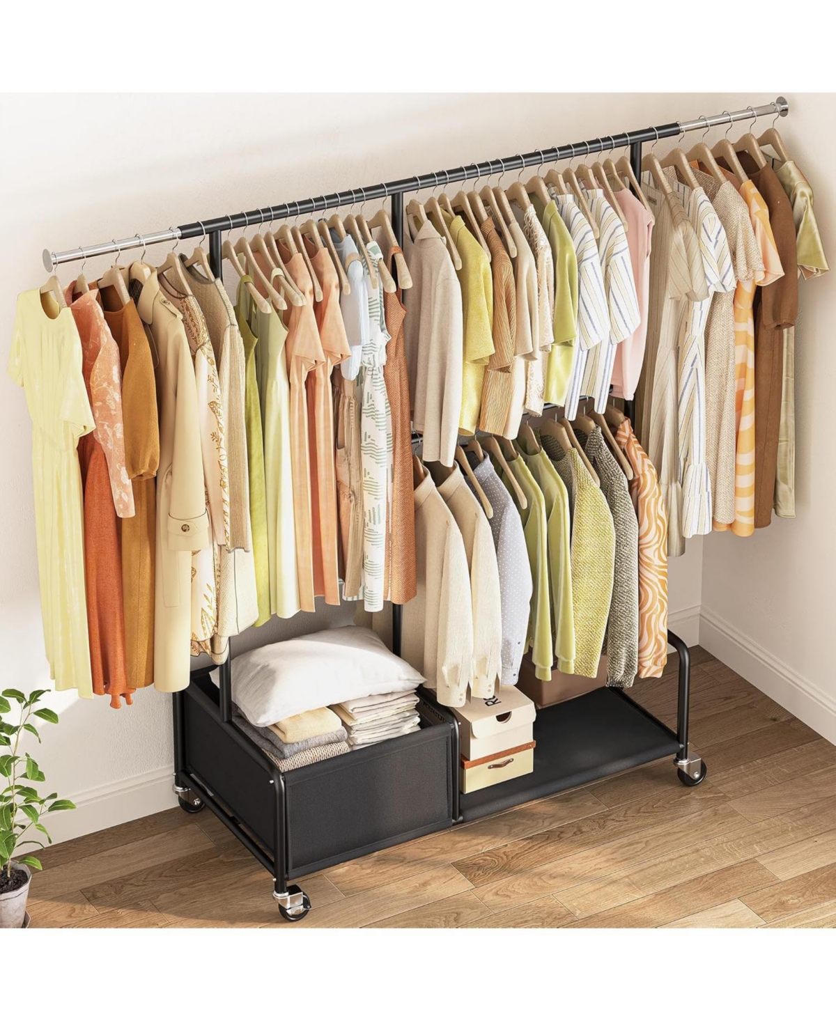 Raybee Clothes Racks for Hanging Clothes with Shelves, Adjustable Clothing Rack with Lockable Wheels, Heavy Duty Garment Racks for Hanging Clothes