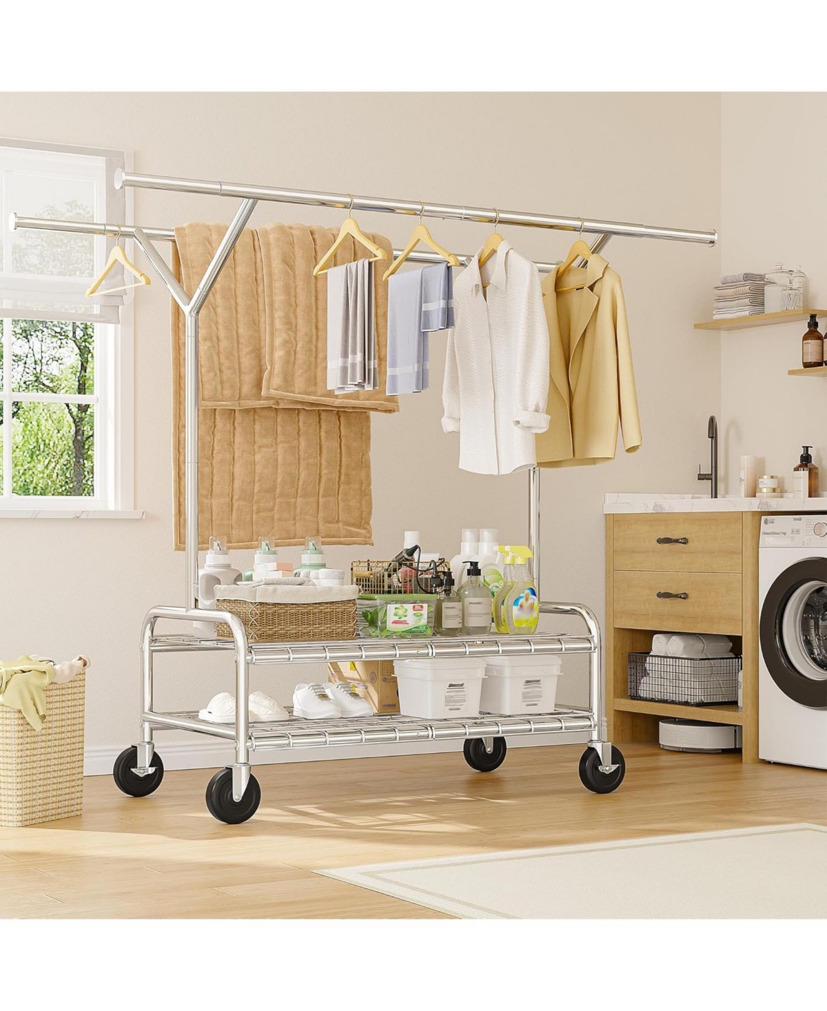 Raybee Heavy Duty Clothes Rack Load 500 Lbs, Rolling Clothing Rack with Wheels, Double Rods Clothing Racks for Hanging Clothes, Portable