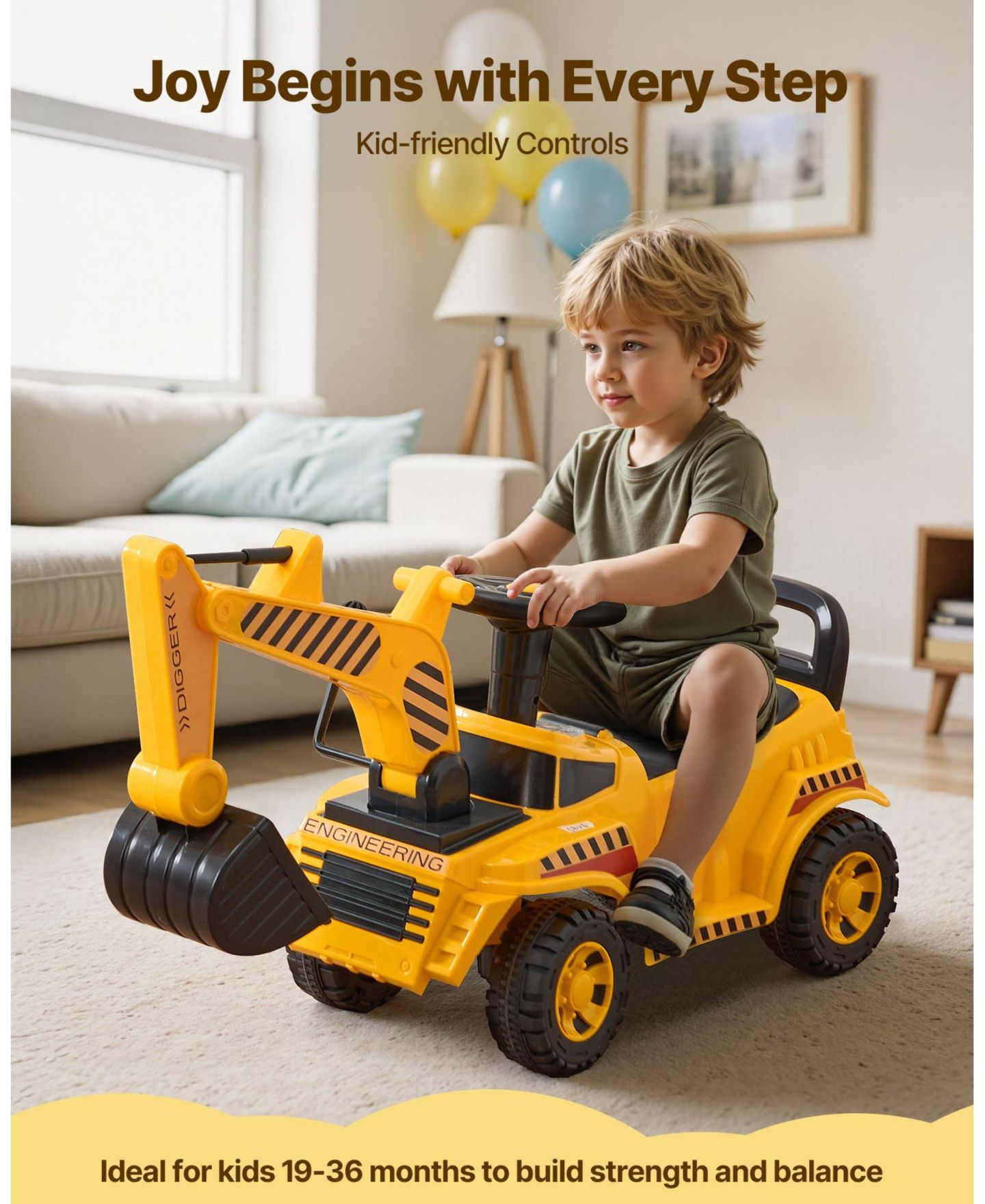 Детская игрушка Mecale Excavator Digger Ride-On Car with Manual Digging Arm, 55 lbs Capacity, Ages 19-36M, цвет: Жёлтый — фото 5