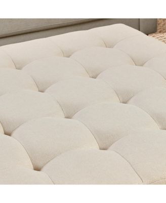 Ivory Upholstered Square Ottoman Coffee Table with Tufted Linen and Beech Wood Shelf