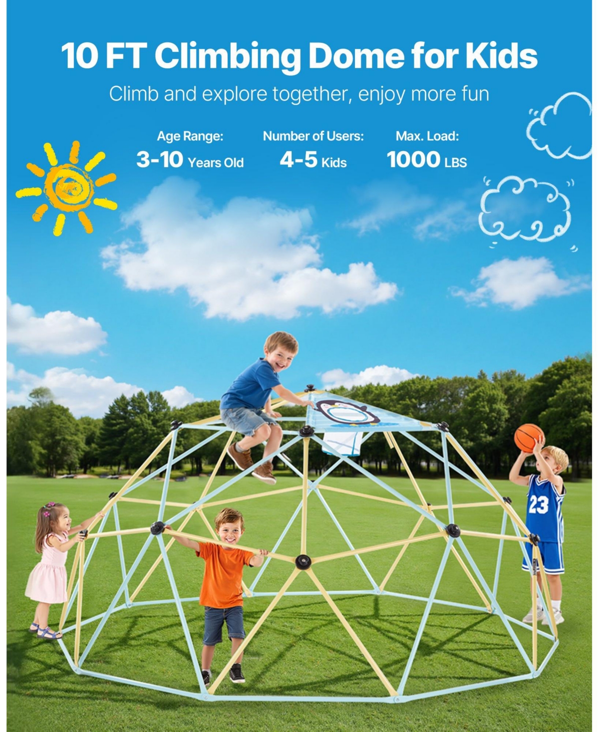 Mecale Climbing Dome, 10 ft Geometric Dome Climber with 2 Basketballs and Octopus Net, 1000 lb Capacity for Kids Ages 3–10