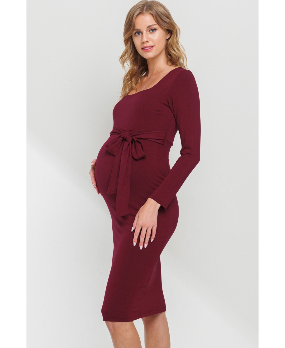 Hello Miz Maternity Tie Waist Square Neck Long Sleeve Dress