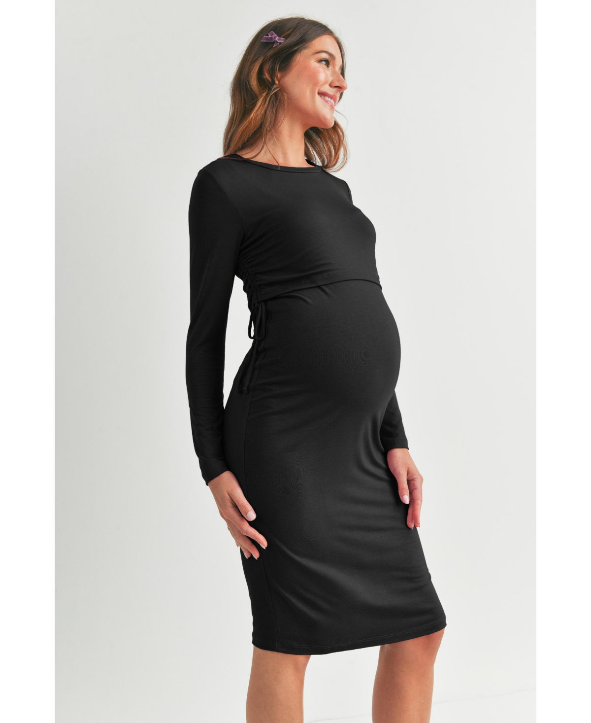 Hello Miz Women's Bodycon Long Sleeve Side Ties Maternity Nursing Dress