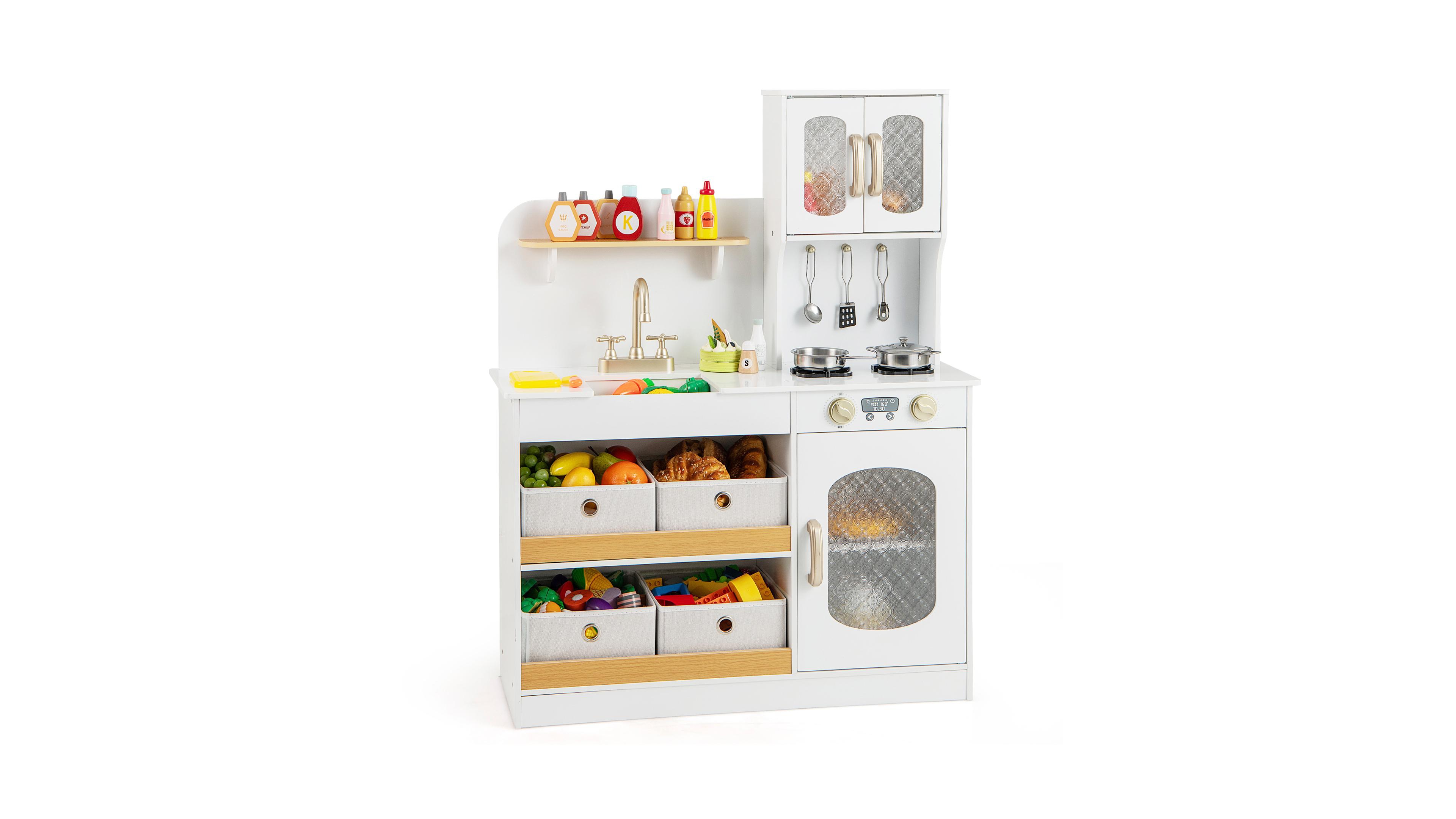 Sugift Kids Kitchen Playset with Cooking Accessories and Toy Cuttable Veggies-White