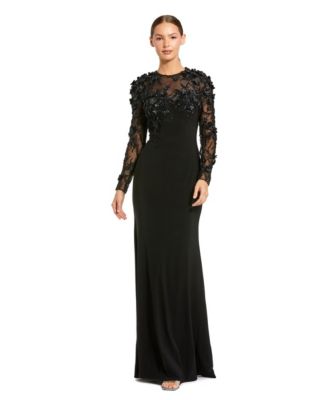 Women's Jersey Long Sleeve Fitted Gown With Floral Beading