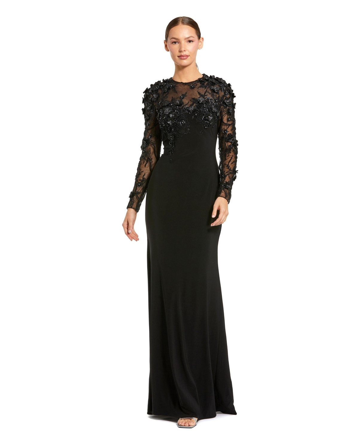 Mac Duggal Women's Jersey Long Sleeve Fitted Gown With Floral Beading