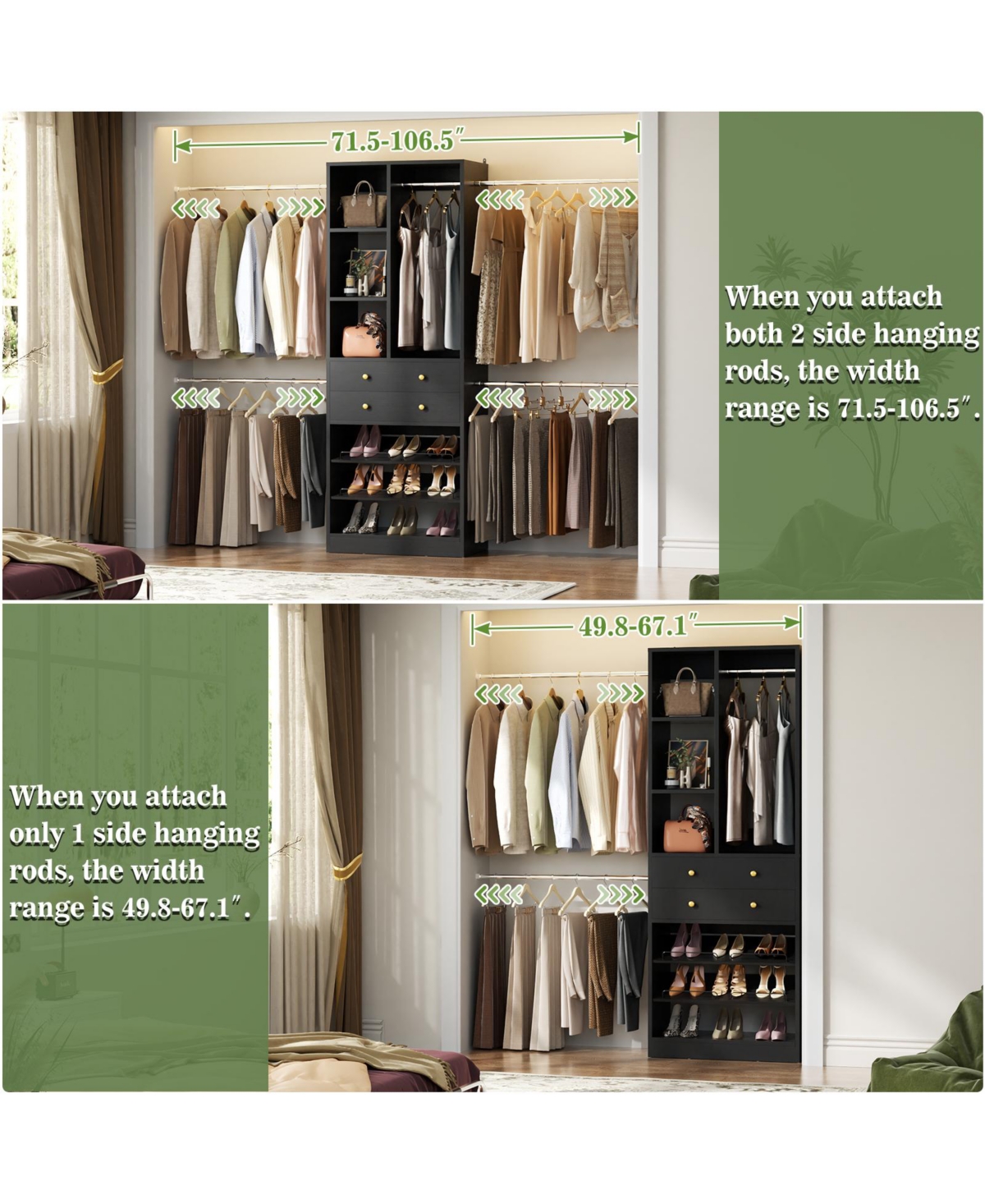 Aheaplus 2.4-8 Ft Wide Adjustable Closet Organizer, System with 2 Drawers, 5 Hanging Rods, Shoe Racks and Shelves