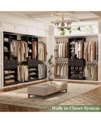 2.4-8 FT Wide Adjustable Closet Organizer, Closet System with 2 Drawers, 5 Hanging Rods, Adjustable Shoe Racks and Shelves