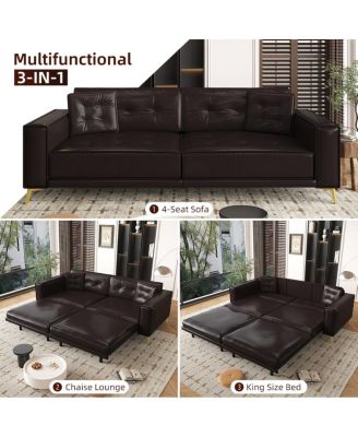 92" Faux Leather King Size Convertible Pull-Out Sleeper Sofa Bed with Wide Armrests & Pillows, 4-Seater
