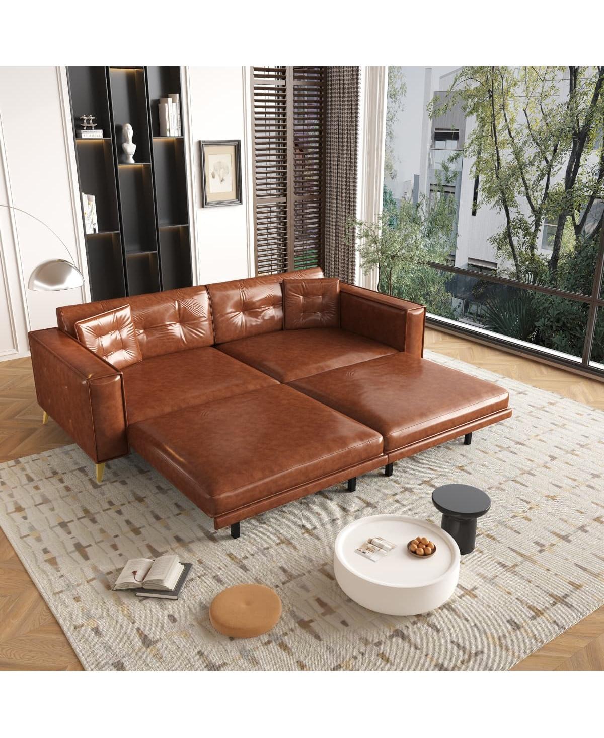 Maison Boucle 92" Faux Leather King Size Convertible Pull-Out Sleeper Sofa Bed with Wide Armrests & Pillows, 4-Seater