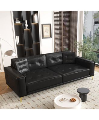 92" Faux Leather King Size Convertible Pull-Out Sleeper Sofa Bed with Wide Armrests & Pillows, 4-Seater