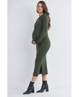 Maternity Long Sleeve Ribbed Collared V Neck Nursing Dress