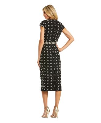 Women's Hand Embellished High Neck Cap Sleeve Midi Dress