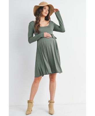 Maternity Scoop Neck Long Sleeve Tie Waist Dress