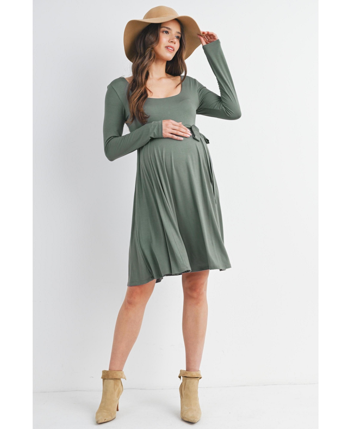Hello Miz Maternity Scoop Neck Long Sleeve Tie Waist Dress