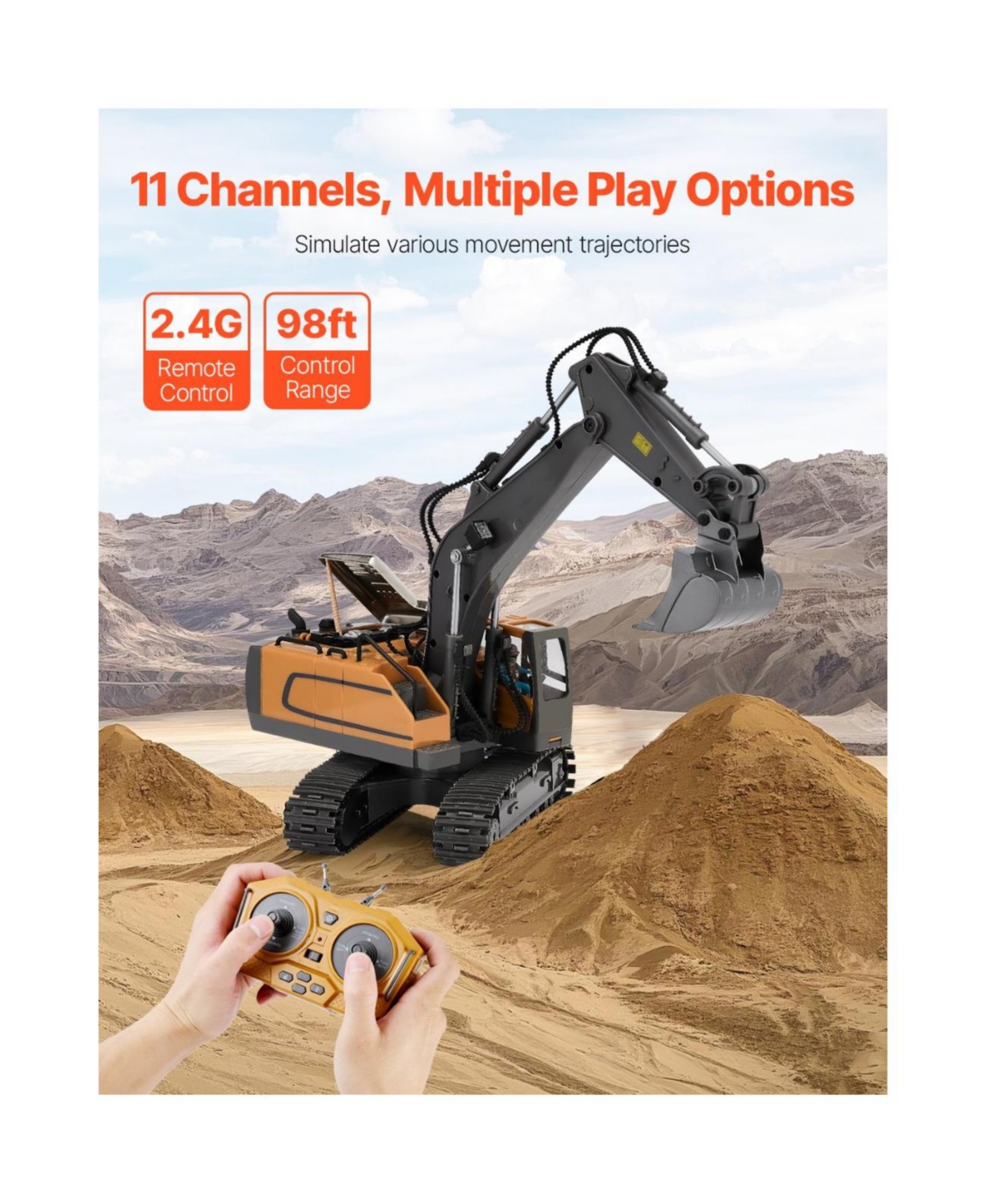 Slickblue Remote Control Excavator Toy, 11 Channel, 1:20 Scale Remote Control Digger Toy, Rc Excavator with Lights & Sound